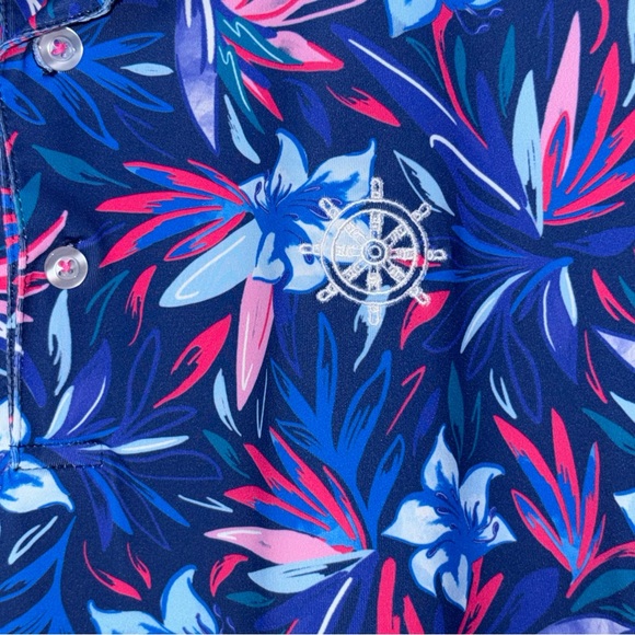 Scales Polo Shirt Mens M Blue Pink Floral Performance Stretch Golf Activewear - Picture 4 of 12